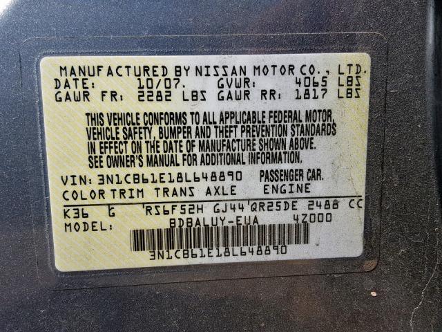 3N1CB61E18L648890 - 2008 NISSAN SENTRA SE- GRAY photo 10