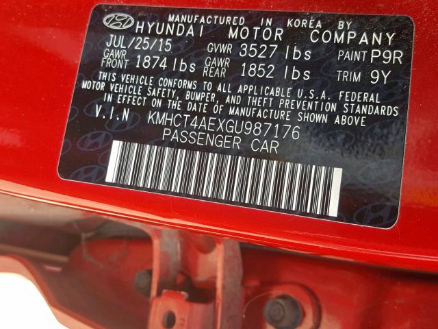 KMHCT4AEXGU987176 - 2016 HYUNDAI ACCENT SE RED photo 10