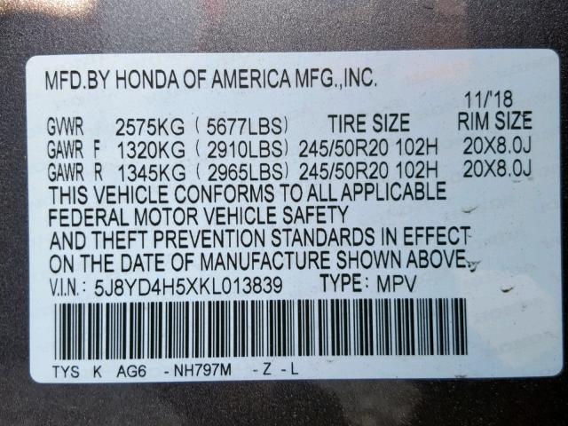 5J8YD4H5XKL013839 - 2019 ACURA MDX GRAY photo 10