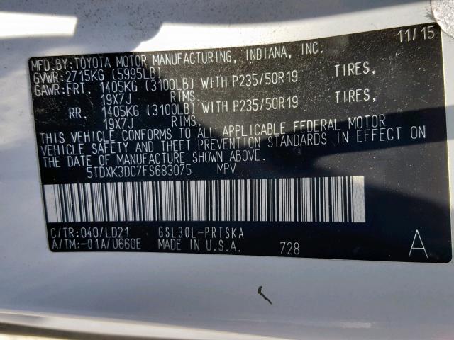 5TDXK3DC7FS683075 - 2015 TOYOTA SIENNA SPO WHITE photo 10