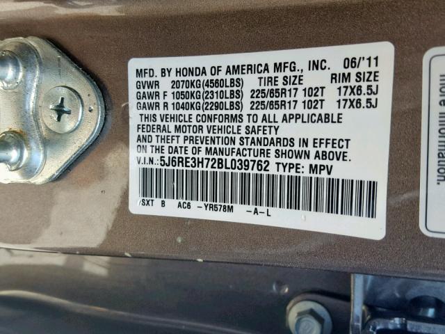 5J6RE3H72BL039762 - 2011 HONDA CR-V EXL GRAY photo 10