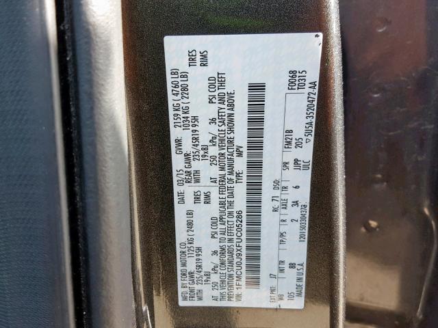 1FMCU0J9XFUC05286 - 2015 FORD ESCAPE TIT CHARCOAL photo 10