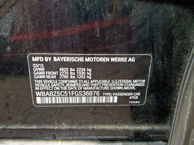 WBA8Z5C51FGS36876 - 2015 BMW 328 XIGT BLACK photo 10