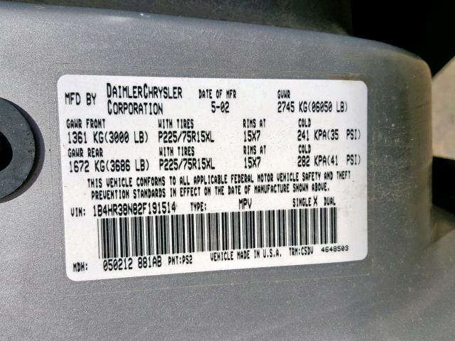 1B4HR38N82F191514 - 2002 DODGE DURANGO SP SILVER photo 10