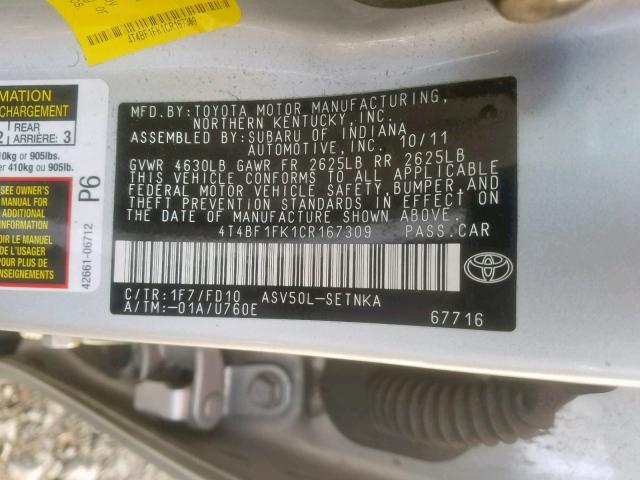 4T4BF1FK1CR167309 - 2012 TOYOTA CAMRY BASE SILVER photo 10