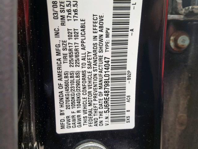 5J6RE48798L014047 - 2008 HONDA CR-V EXL BLACK photo 10