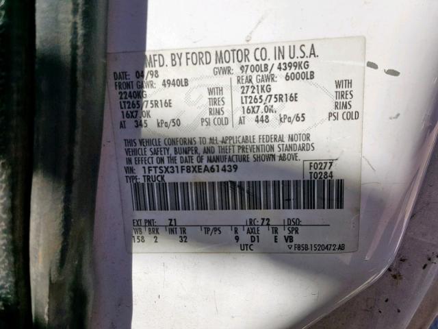 1FTSX31F8XEA61439 - 1999 FORD F350 SRW S WHITE photo 10