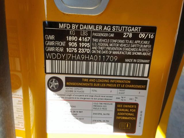 WDDYJ7HA9HA011709 - 2018 MERCEDES-BENZ AMG GT YELLOW photo 10
