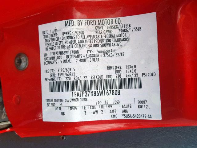 1FAFP37N86W167808 - 2006 FORD FOCUS ZX5 RED photo 10