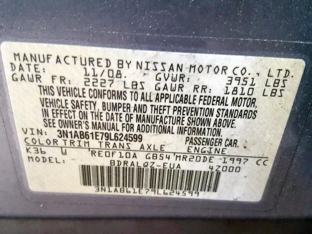 3N1AB61E79L624599 - 2009 NISSAN SENTRA 2.0 GRAY photo 10