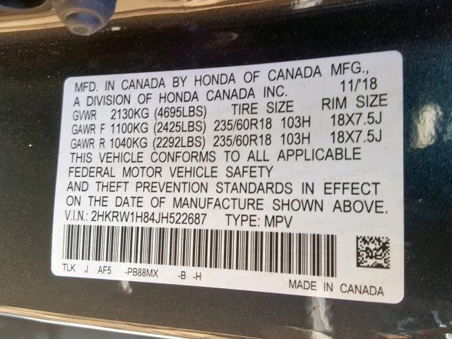 2HKRW1H84JH522687 - 2018 HONDA CR-V EXL GRAY photo 10