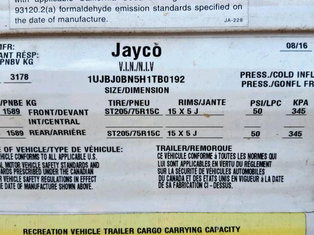 1UJBJ0BN5H1TB0192 - 2017 JAYCO JAYFLIGHT  SILVER photo 10