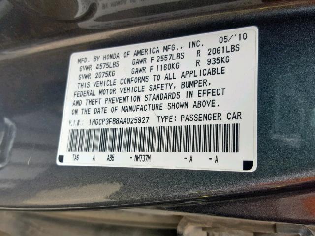 1HGCP3F88AA025927 - 2010 HONDA ACCORD EXL CHARCOAL photo 10