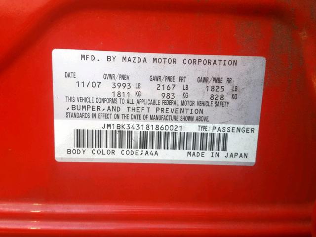 JM1BK343181860021 - 2008 MAZDA 3 HATCHBAC RED photo 10