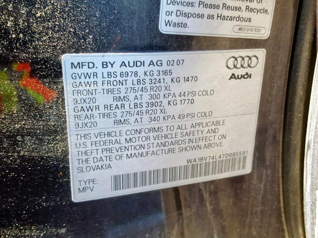 WA1BV74L47D085591 - 2007 AUDI Q7 4.2 QUA CHARCOAL photo 10