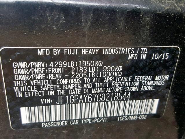 JF1GPAY67G8218544 - 2016 SUBARU IMPREZA SP GRAY photo 10