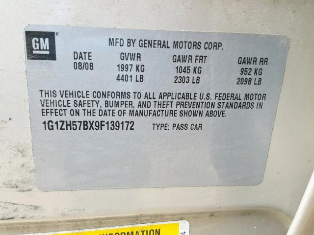 1G1ZH57BX9F139172 - 2009 CHEVROLET MALIBU 1LT GOLD photo 10