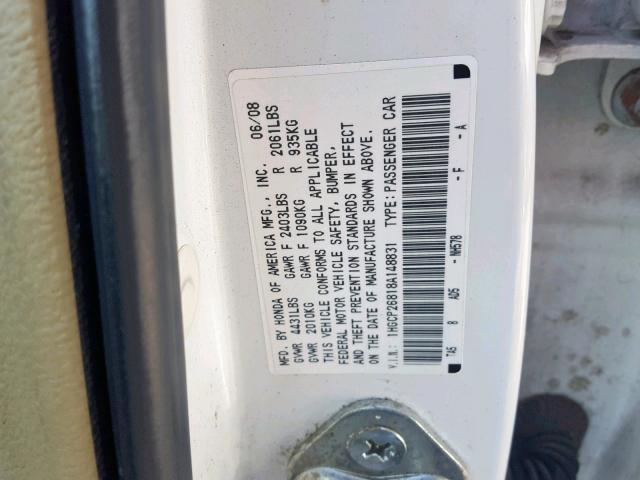 1HGCP26818A148831 - 2008 HONDA ACCORD EXL WHITE photo 10