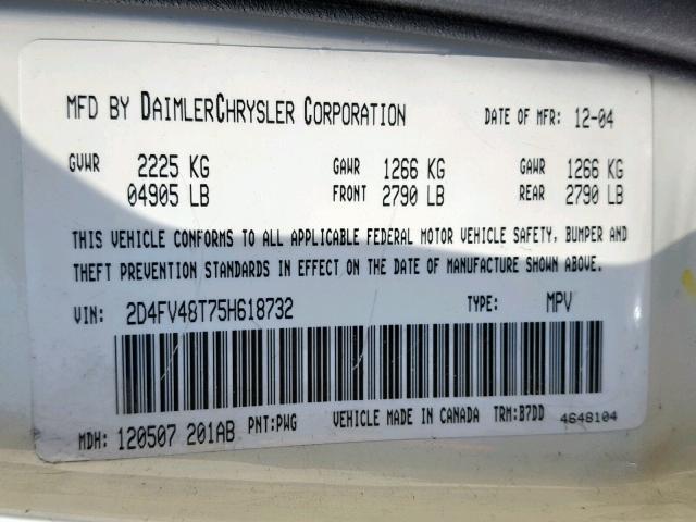 2D4FV48T75H618732 - 2005 DODGE MAGNUM SE WHITE photo 10