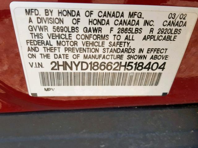 2HNYD18662H518404 - 2002 ACURA MDX TOURIN RED photo 10