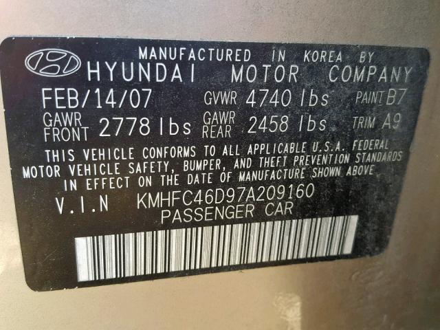 KMHFC46D97A209160 - 2007 HYUNDAI AZERA GLS TAN photo 10