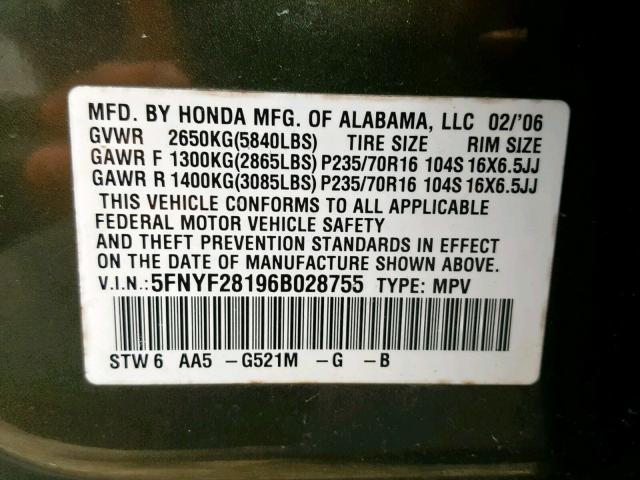 5FNYF28196B028755 - 2006 HONDA PILOT LX GREEN photo 10