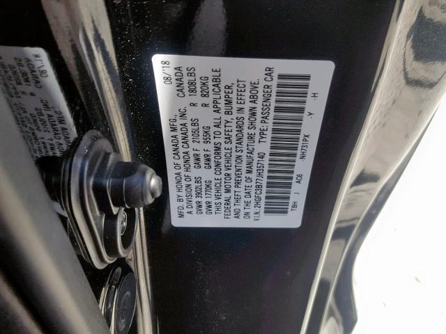 2HGFC3B77JH357140 - 2018 HONDA CIVIC EXL BLACK photo 10