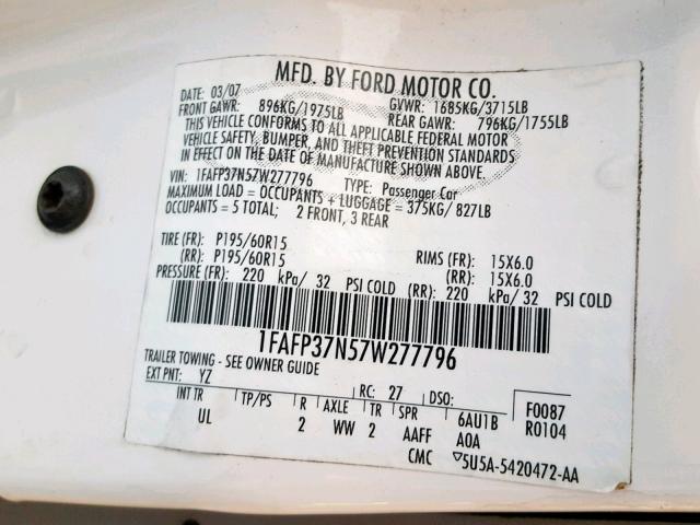 1FAFP37N57W277796 - 2007 FORD FOCUS ZX5 WHITE photo 10