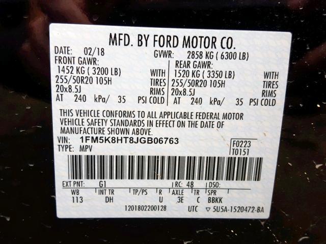 1FM5K8HT8JGB06763 - 2018 FORD EXPLORER P BLACK photo 10