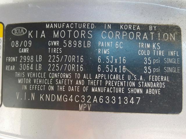 KNDMG4C32A6331347 - 2010 KIA SEDONA LX SILVER photo 10