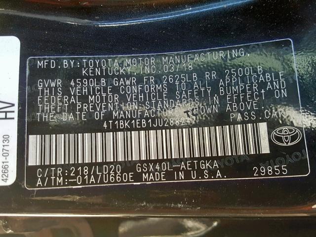 4T1BK1EB1JU288247 - 2018 TOYOTA AVALON XLE BLACK photo 10