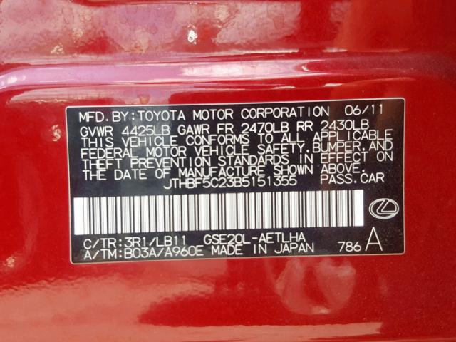 JTHBF5C23B5151355 - 2011 LEXUS IS 250 RED photo 10