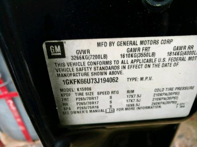 1GKFK66U73J194062 - 2003 GMC YUKON XL D BLACK photo 10