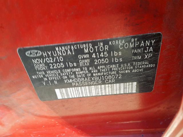 KMHDB8AEXBU108072 - 2011 HYUNDAI ELANTRA TO RED photo 10