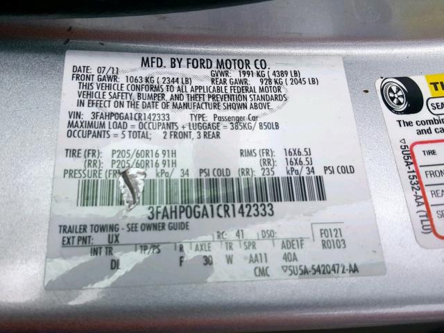 3FAHP0GA1CR142333 - 2012 FORD FUSION S SILVER photo 10