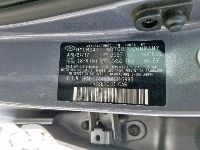 KMHCT4AE6HU316993 - 2017 HYUNDAI ACCENT SE GRAY photo 10