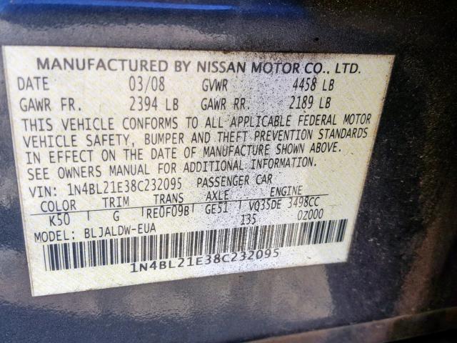 1N4BL21E38C232095 - 2008 NISSAN ALTIMA 3.5 GRAY photo 10