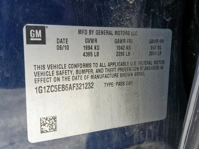 1G1ZC5EB6AF321232 - 2010 CHEVROLET MALIBU 1LT BLUE photo 10