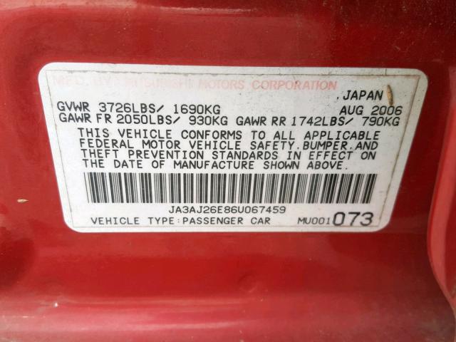 JA3AJ26E86U067459 - 2006 MITSUBISHI LANCER ES RED photo 10