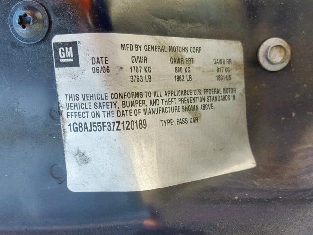 1G8AJ55F37Z120189 - 2007 SATURN ION LEVEL BLUE photo 10