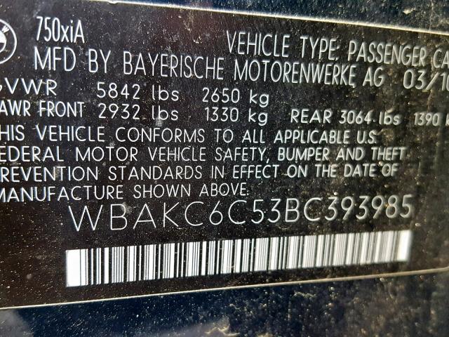 WBAKC6C53BC393985 - 2011 BMW 750 XI BLUE photo 10