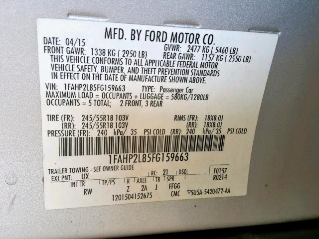 1FAHP2L85FG159663 - 2015 FORD TAURUS POL SILVER photo 10