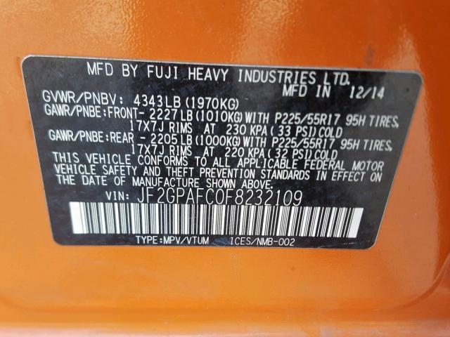 JF2GPAFC0F8232109 - 2015 SUBARU XV CROSSTR ORANGE photo 10