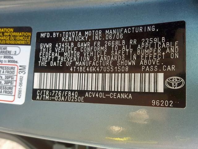 4T1BE46K47U551508 - 2007 TOYOTA CAMRY NEW GREEN photo 10