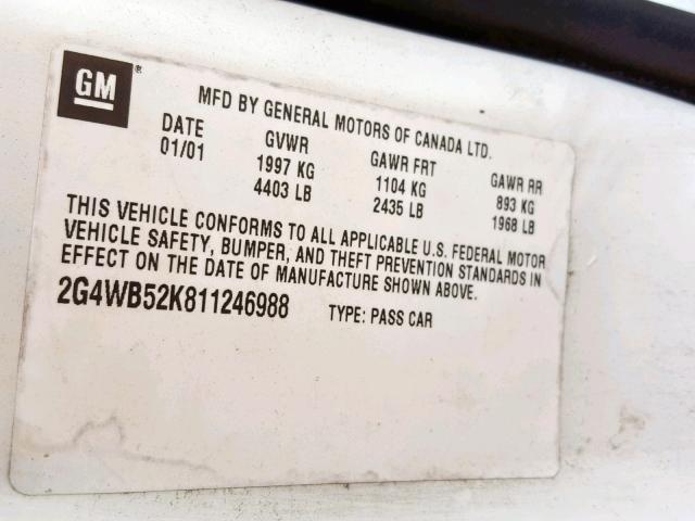 2G4WB52K811246988 - 2001 BUICK REGAL LS WHITE photo 10