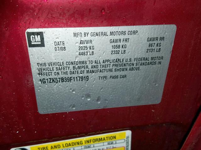 1G1ZK57B39F117919 - 2009 CHEVROLET MALIBU LTZ 栗色 照片 10