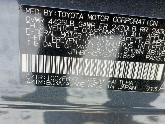 JTHBF5C22B2101869 - 2011 LEXUS IS 250 GRAY photo 10