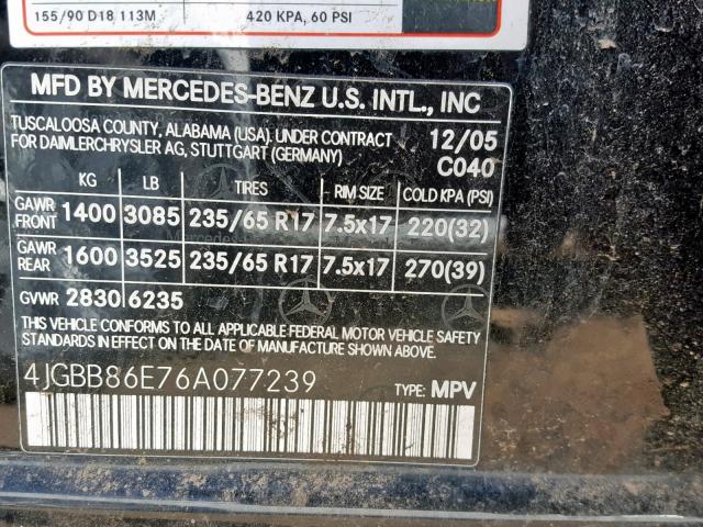 4JGBB86E76A077239 - 2006 MERCEDES-BENZ ML 350 BLACK photo 10