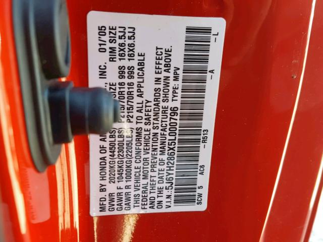 5J6YH286X5L000796 - 2005 HONDA ELEMENT EX RED photo 10