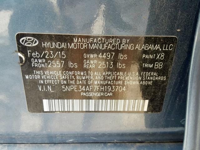 5NPE34AF7FH193704 - 2015 HYUNDAI SONATA SPO BLUE photo 10